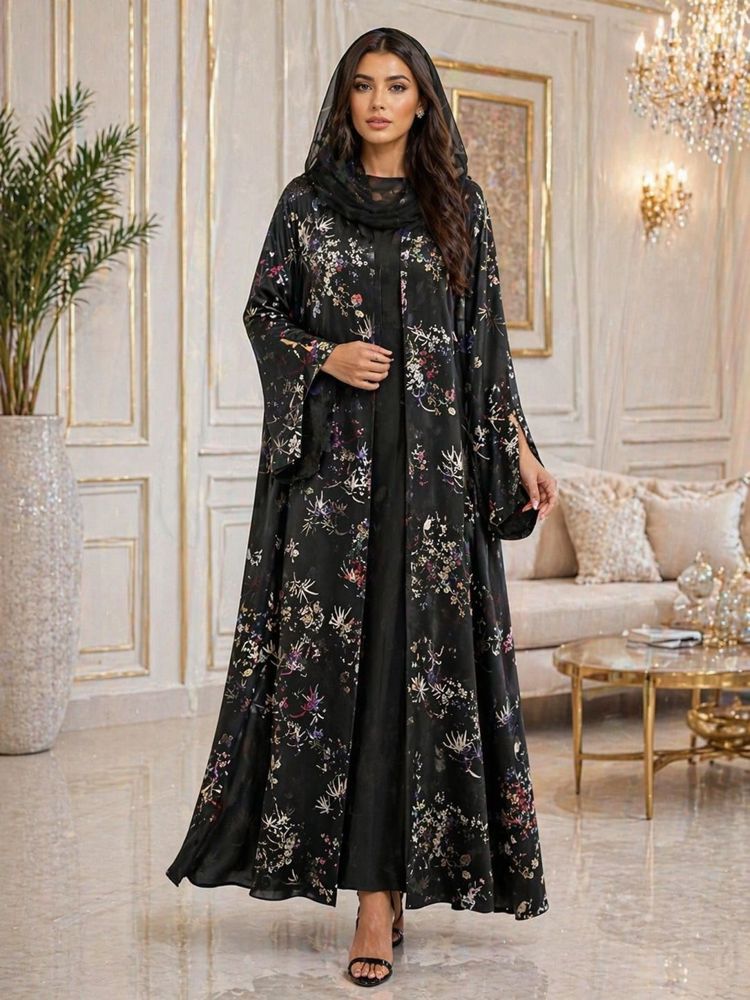 Elegant Black Abaya with Subtle Floral Design