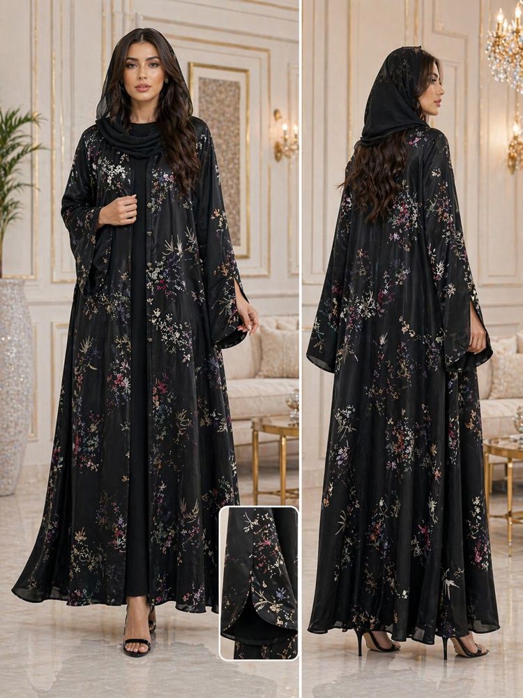 Elegant Black Abaya with Subtle Floral Design_thumbnail_2
